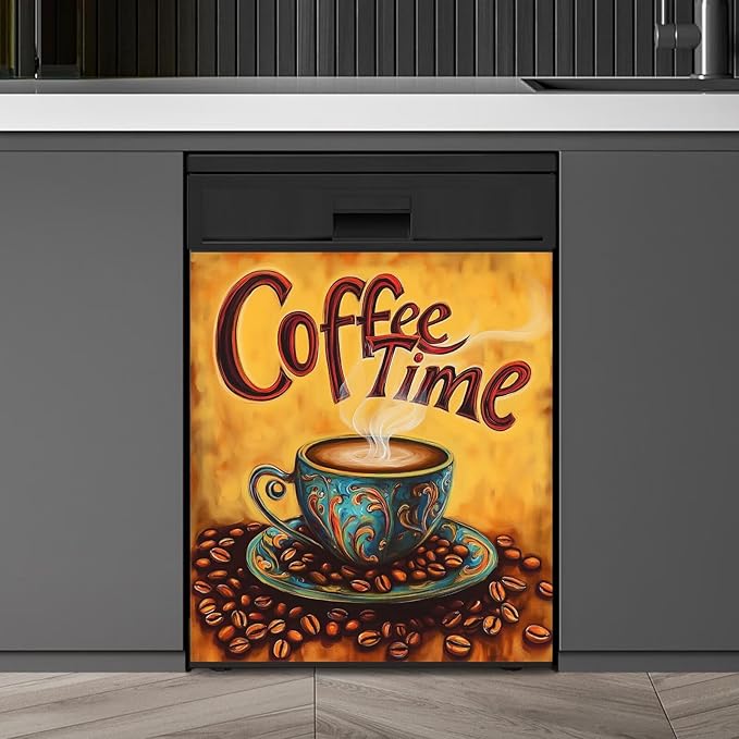 Retro Coffee Time Dishwasher Magnet Cover,Vintage-Style Coffee Beans Magnetic Dishwasher Cover Vinyl Sticker,Fridge Door Cover Magnets Art Skin Panel Decal,Home Decor Decal,23"X26"