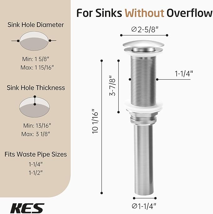 KES Extended Thread Bathroom Sink Drain, All Metal Pop Up Drain Stopper without Overflow for Thicker Vessel Sinks and Countertops, Brass and Stainless Steel Brushed Nickel, S2022D-BN