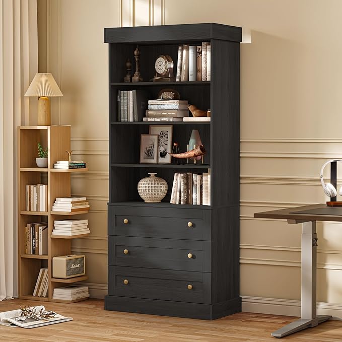 Vyre 71" Tall Farmhouse Kitchen Pantry, Set of 4 Large Storage Cabinets with 3 Drawers, Adjustable Shelves, Wood Versatile Hutch Cabinet for Living Room, Dining Room, Black