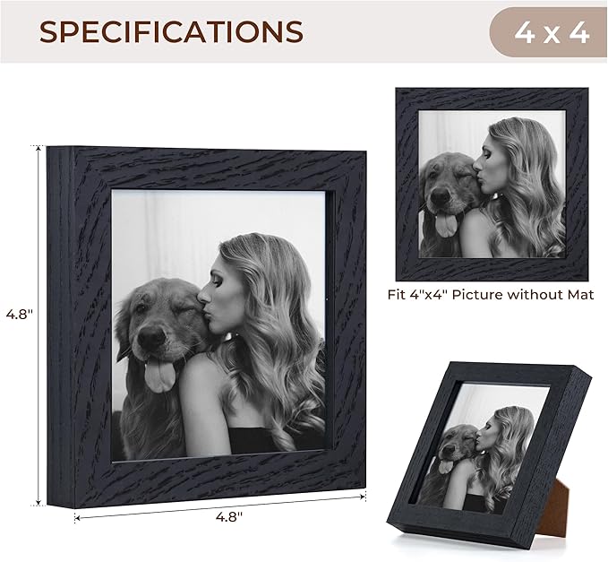 Fun Memories 4x4 Picture Frame, Solid White Oak Wood Frame 4 by 4, 4 x 4 Square Photo Frame with Tempered Real Glass, Rustic Wooden Frame 4"x4" for Wall & Tabletop Display, Black Color, Set of 2