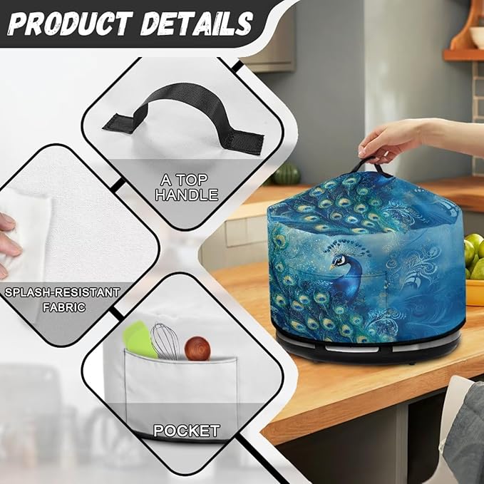 Blue Peacock Floral Print Slow Cooker Cover Fits 6/7/8 Quart Large Crock Pot Practical Electric Pressure Cooker Cover Keep Kitchen Clean and Easy to Use, 16x14x9.6 Inch