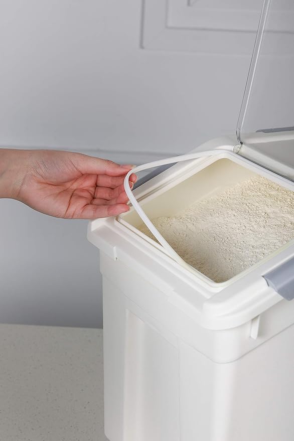 EonTone Pack-2 Bulk Large Sealed Flour Storage Container 25 Liters (30 lbs) with Lockable Lid Wheels and Measuring Cup BPA-Free Food Dispenser