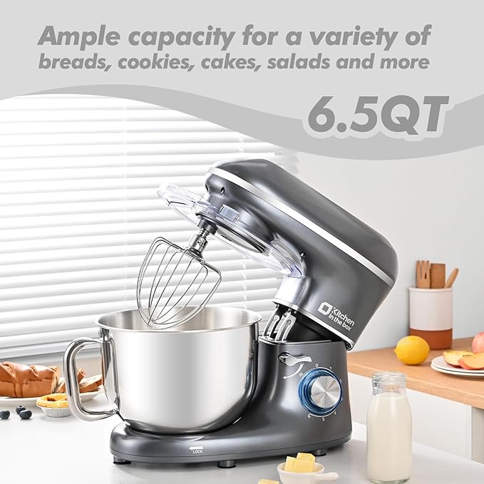 Kitchen in the box Stand Mixer, 6.5QT 660W Kitchen Electric Mixer, 6-Speed Tilt-Head Food Mixer with Dough Hook, Wire Whip and Beater (Grey)