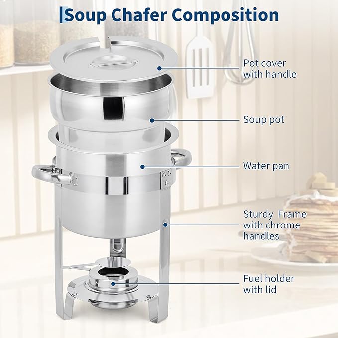 GarveeHome 11QT Soup Chafer Set of 2, Stainless Steel Round Soup Warmer with Pot, Notched Lids & Fuel Holders, Commercial Food Warmer for Buffets, Events and Party Service