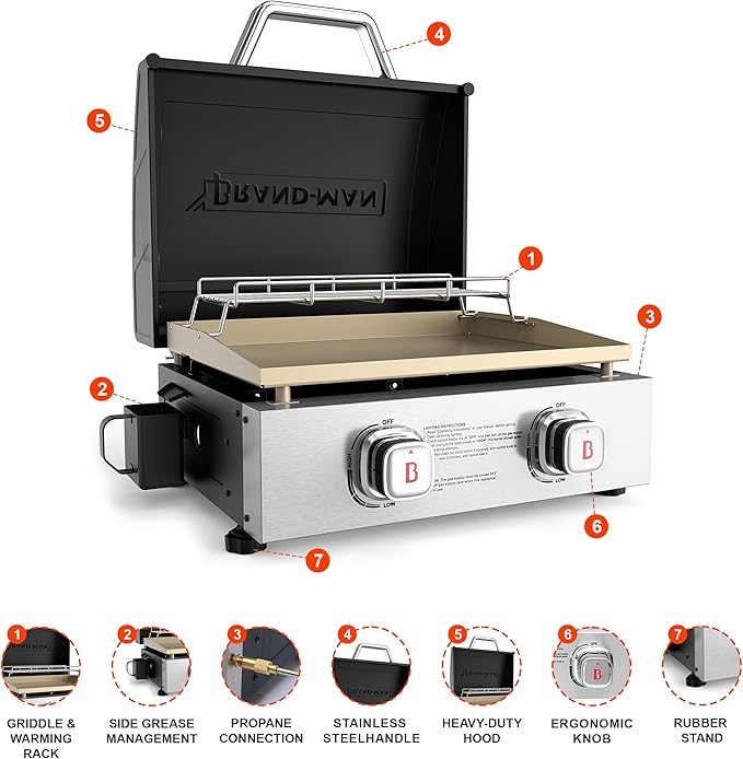 Brand-Man Propane Tabletop Griddle, 2-Burner Portable Flat Top Grill with Hood, Warming Rack & Adapter Hose - Supports 1 lb & 20 lb Gas Cylinders for Versatile BBQ Cooking, Camping, Home BBQ
