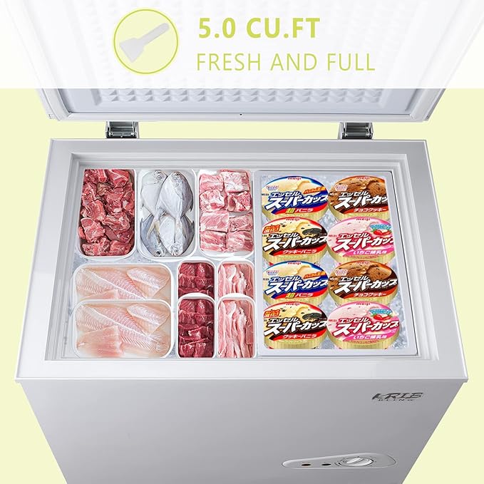 5.0 Cu.Ft Compact Chest Freezer with Removable Basket, Krib Bling Top Door Open Freestanding Deep Freezer with 7 Gears Temperature Adjustment, Ideal for Home, Kitchen & Office, White