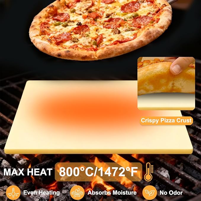 Rectangular Pizza Stone Kits 4PCS 12"x15",Cordierite Baking Stone for Grill & Oven,Cutter Rocker Stainless Steel &10pcs Cooking Paper and Peel Paddle-Durable and Pizza Oven Accessories