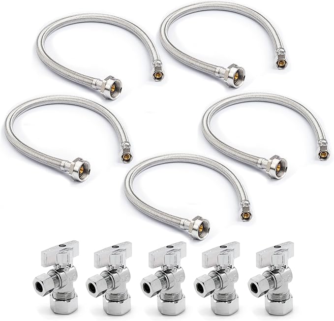 Stainless Steel Toilet Connection Kit - Braided Water Hose, 3/8" Compression x 7/8" Metal Ballcock, 20" Length (5Pack) + Supply Stop Valves, 5/8" x 3/8" Compression (5Pack)