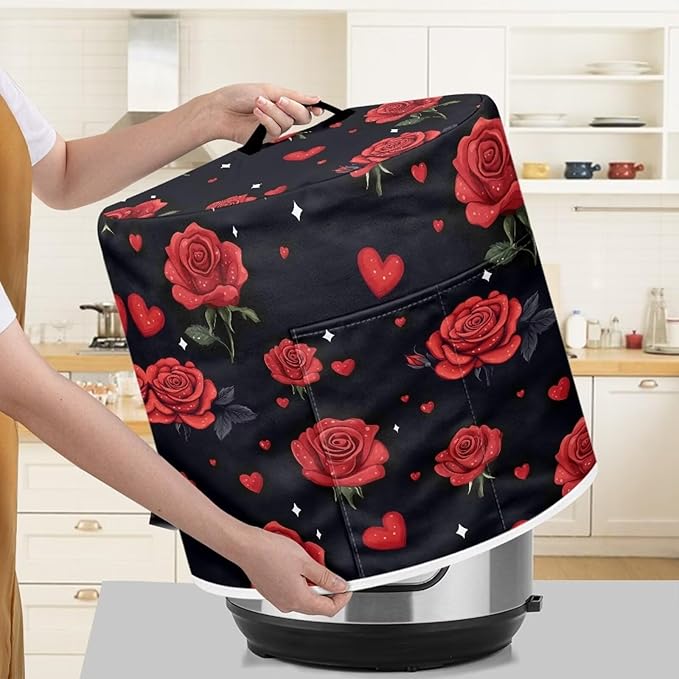 Pressure Cooker Cover for Women,Insulated Rice Cooker Cover with Easy to Clean Red Rose Waterproof Dust Cover with Pockets for Instant Pot 8 Quart Appliance Cover