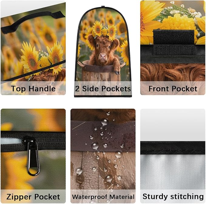 Kitchen Aid Mixer Cover Sunflowers Cute Highland Cow Stand Mixer Cover Compatible with 6-8 Quarts Stand Mixers, Dust Covers with Zipper Pocket Foldable Washable Kitchen Aid Organizer Bag