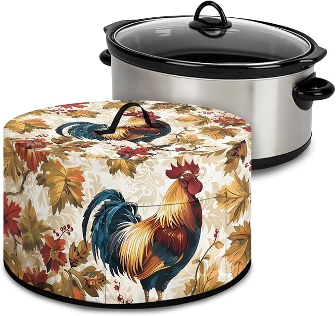 Vintage Rooster Maple Leaf Print Slow Cooker Dust Cover Protective with Accessory Pocket Stain Resistant Slow Cooker Cover Easy to Clean Fits for Most 6/7/8 Quart Crock Pot for Fall Decor