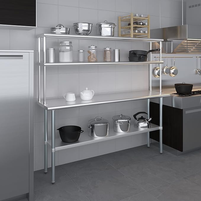 Amgood Stainless Steel Work Table Double Tier Overshelf | Metal Kitchen Prep Table & Shelving Combo (18" x 72" Work Table + 12" Overshelf)