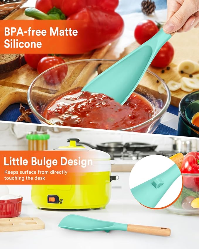 Cooking Spoon for Nonstick Cookwares, Great for Cooking and Serving Sturdy BPA-Free Matte Silicone, Wood Handle Spoon for Mixing, Scoop, and Scrape (GREEN, 11.4 inch)