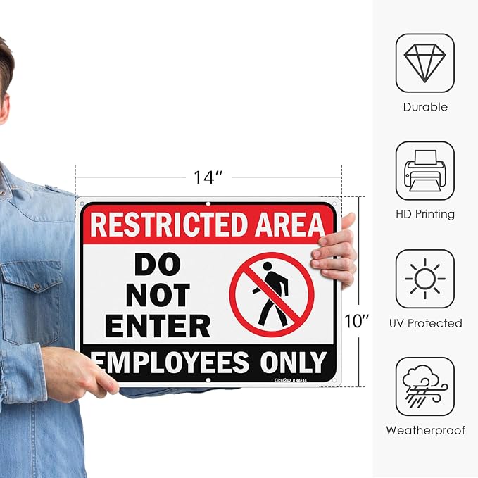 GicnKeuz Large Restricted Area Sign, 14x10 Inches Do Not Enter - Employees Only Signs, Rust Free.40 Reflective Aluminum, Fade Resistant/Waterproof, 6 Pre-drilled Holes (2 Pack)