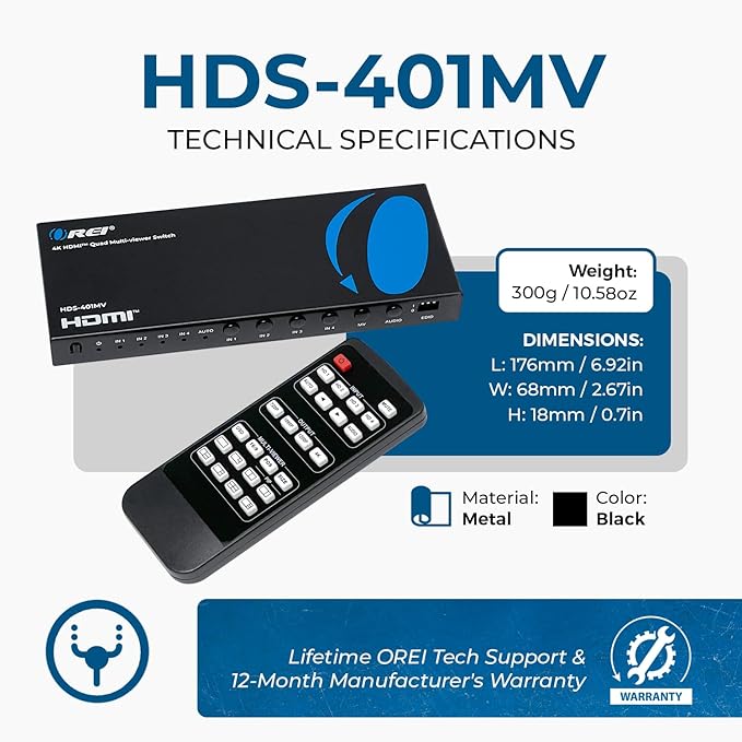 OREI Quad Multi HDMI Viewer 4 in 1 Out HDMI Switcher 4 Ports Seamless Switcher and IR Remote Support 4K @ 30Hz 1080P for PS4/PC/DVD/Security Camera, VGA Output - HDS-401MV