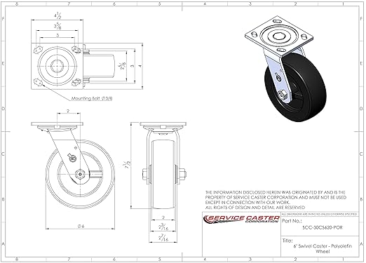 Service Caster Brand Replacement Caster for Uline Caster H-3322S - Swivel Top Plate Caster with 6 Inch Polyolefin Wheel - Heavy Duty Replacement Caster - Fits Platform, U-Boat and Trucks H-2667