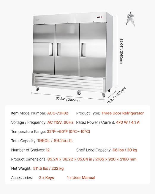 VEVOR Commercial Reach-In Refrigerator 85" W, 69 Cu.Ft Stainless Steel Upright Refrigerator with Three Doors, Auto-Defrost, 12 Adjustable Shelves, 32 to 50℉ Temp Control, ETL Certified