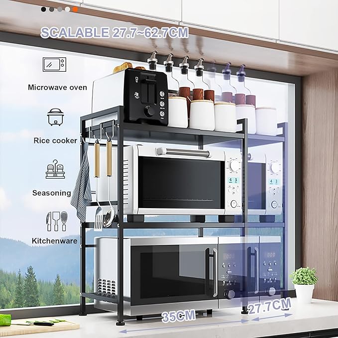 Microwave Storage Rack Microwave Oven Rack Kitchen Microwave Oven Rack Toaster Stand Kitchen Counter Shelf Expandable and Height Adjustable Steel Countertop Storage Shelf - Black/75Cm