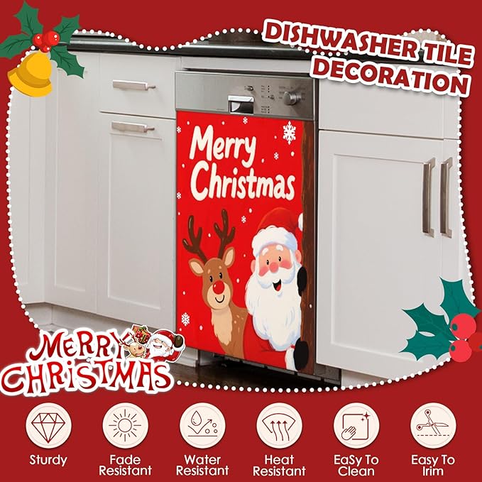Christmas Santa Elk Dishwasher Magnet Cover, 23" W x 26" H Fridge Magnetic Stickers Reuseable Magnet Panel Decal Cover for Washing Machine Fridge Microwave Cabinet Kitchen Christmas Decoration