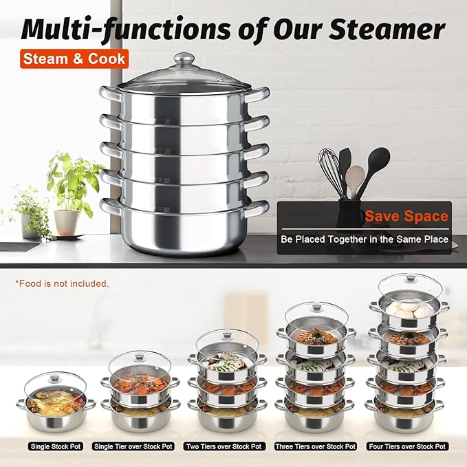 5-Tier Stainless Steel Steamer, 30cm Stainless Steel Multipurpose Steaming Pot Cookware, Multi-Functions Domestic Commercial Large Steamer for Induction Cookers, Electric Ceramic Stoves