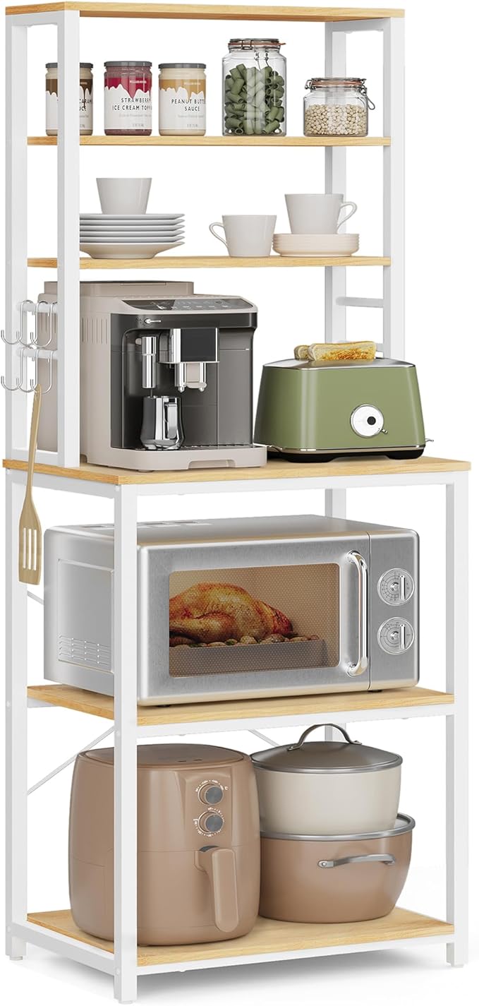 VASAGLE Coffee Bar, 23.6 Inches Baker's Rack for Kitchen with Storage, 6-Tier Kitchen Shelves with 6 Hooks, Microwave Stand, Modern, Golden Oak and Cloud White UKKS024W09
