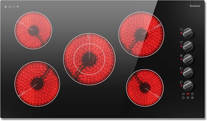 Karinear 36 Inch Electric Ceramic Cooktop, 5 Burner Radiant Electric Stove Top with Knob & Touch Control, 8900W High-Power Built-in Hob, 9 Heat Levels, 99-Min Timer, Child Lock, 240V Hardwired