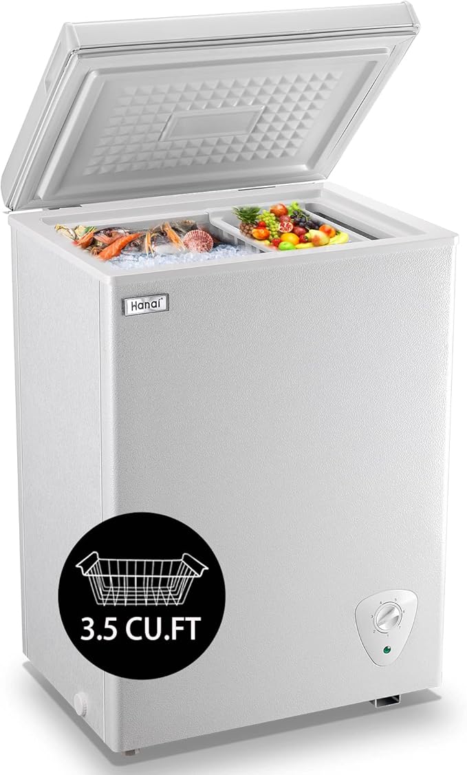 Chest Freezer Small Deep Freezer 3.5 Cu.Ft Mini Freezers Top Door Freezer Adjustable 7 Thermostat Removable Basket for Garage Basement Apartment Kitchen RV