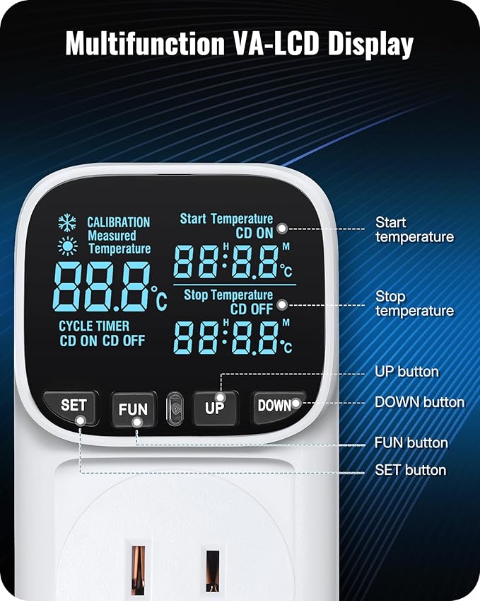 Digital Temperature Controller Outlet, 15A/1800W Heavy Duty Thermostat Plug, VA LCD Display, Heating/Cooling Control, -40°F~210°F, 4 Timer Modes, for Greenhouse Incubator Homebrew W01TC06
