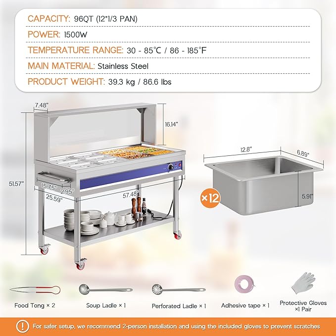 Jocisland 12-Pan 96QT Commercial Food Warmer, 1500W Stainless Steel Steam Table with Top Shelf, Lids, Food Tongs, Undershelf, Wheels, 110V Temp Control for Catering