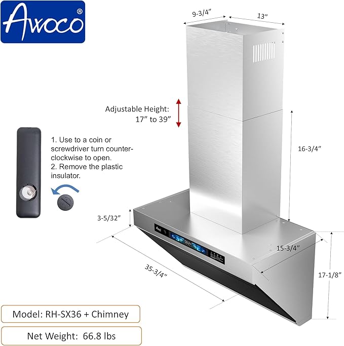 Awoco 36" Wall Mount Range Hood, Side-Draft Design, 4 Speeds Exhaust Fan with 800 CFM, Voice, Gesture, Touch & Remote Control, 6" Vent, Dimmable LED Light Bars, Adjustable Chimney up to 39"