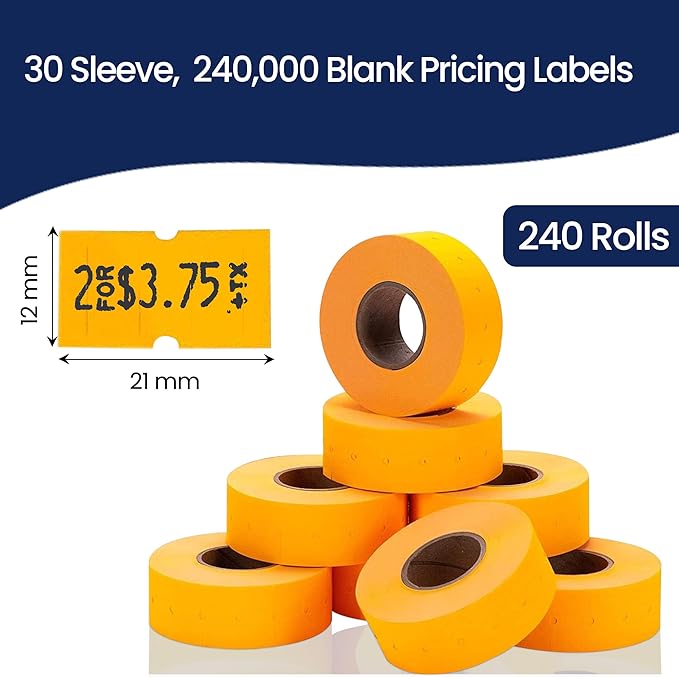 Perco 1 Line Fluorescent Orange Labels - Case of 30 Sleeves, 240,000 Blank Pricing Labels for Perco Lite, X, Plus and Pro 1 Line Price and Date Guns