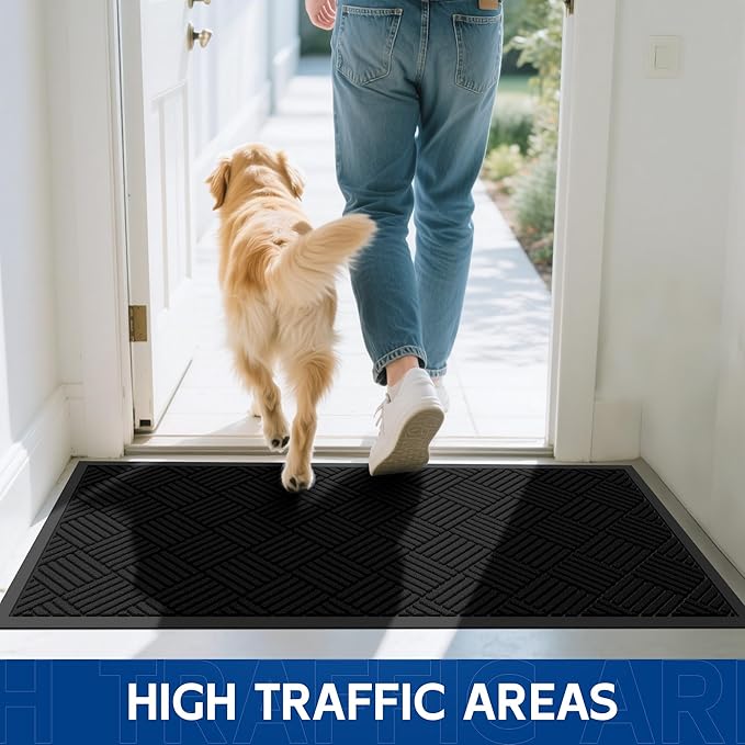 Durable Indoor Outdoor Door Mat, 2' x 4' Heavy Duty Front Door Mat for Entryway, Non-Slip Backing, Stain and Fade Resistant, Absorbent Commercial Floor Mat for High Traffic Area, Black
