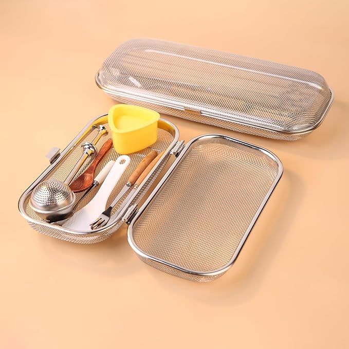 Dishwasher Basket for Small Items, 18/8 Food-Grade Stainless Steel Utensil Organizer with Locking Lid, Dishwasher Safe Holder for Chopsticks, Forks, Spoons, Bottle Parts and Kitchen Tools(Medium)