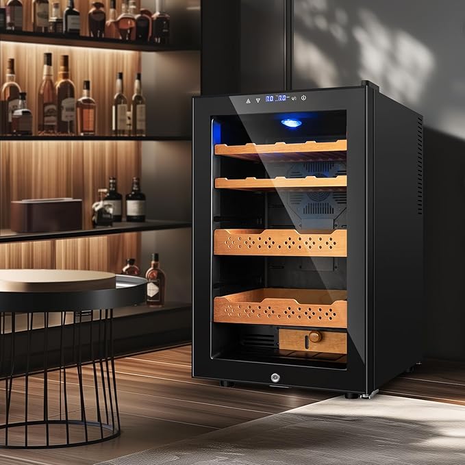 70L Electric Humidor – Large Capacity 400 Count Electric Humidor Cooler | Smart Temperature & Humidity Control | Spanish Cedar Wood Shelves, Digital LED Screen & Safety Lock | Gift for Men