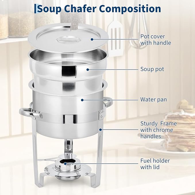 GarveeHome 7QT Soup Chafer Set of 2, Stainless Steel Round Soup Warmer with Pot, Notched Lids & Fuel Holders, Commercial Food Warmer for Buffets, Events and Party Service