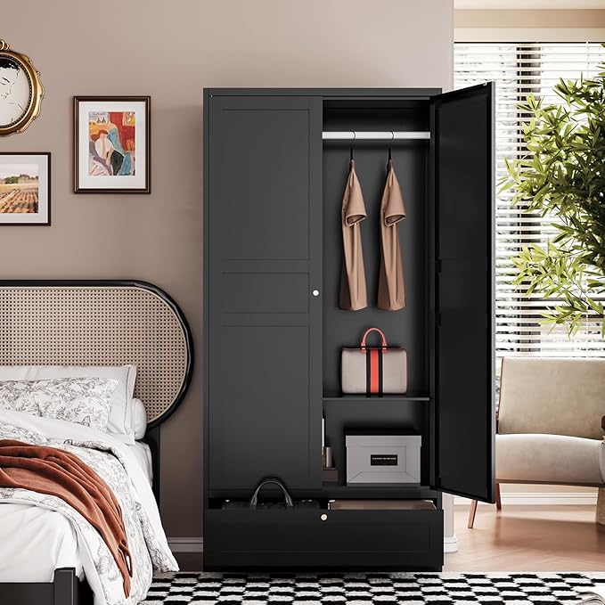 Letaya Wardrobe Closet,72" H Clothing Metal Storage Cabinet with Storage Drawer Adjustable Shelves and Hanging Rod,Bedroom Armoire Cabinet Clothes Organizer (Black) | Storage Drawer, Adjustable Shelves, Hanging Rod, Armoire Cabinet, Clothes Organizer