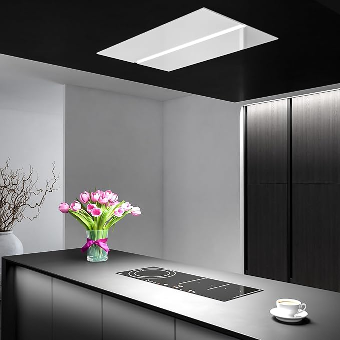 Futuro Futuro IS36SAVONA-WHT Ceiling Mount Range Hood, White, 36x23.6x11 inch, LED Lighting, 4-Speed, 940 CFM, White Glass, 0.5-3.2 Sones, Remote Control