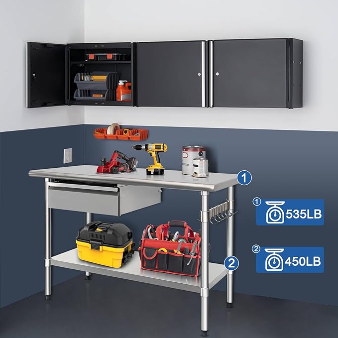 HARDURA Stainless Steel Prep Table with Drawer 24" x 48" NSF Heavy Duty Bench with Undershelf, Hook and Galvanized Legs for Commercial Food Prep