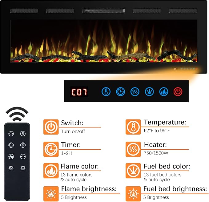 45" WiFi Electric Fireplace Inserts, Recessed and Wall Mounted Fireplace Heater W/Adjustable Flame Color & Brightness, Thermostat, 9H Timer, App and Remote Control, 750/1500W