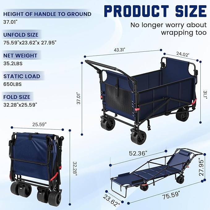 LEVELEVE Heavy Duty Folding Wagon - 2-in-1 Collapsible Cart, 650lb Capacity, All-Terrain Wheels w/Brakes & Side Pockets (Blue)