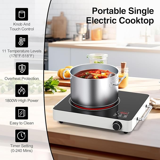 VBGK Electric Cooktop, 110V Touch and Knob Electric Stove Top, 1800W Single Burner With Handle, 9 Power Levels, Kids Safety Lock & 4H Timer, Portable, Black