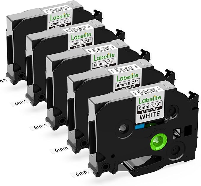 Labelife 6mm Label Tape TZe-211 Replacement for Brother P Touch TZe TZ Tape 6mm 0.23 Laminated White Label Tape TZe211 TZ-211 for Brother Label Maker PT-D210 PT-D220 PT-H110 PT-D200, 1/4 Inch, 5-Pack