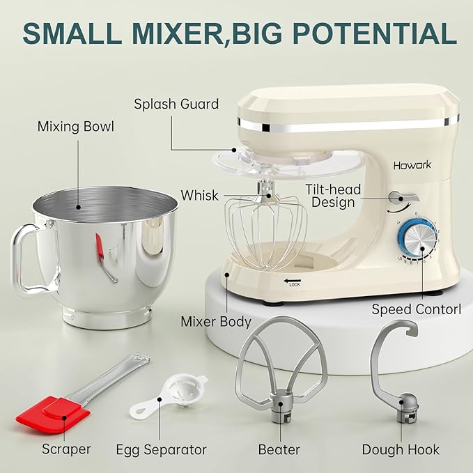 HOWORK Electric Stand Mixer,10+p Speeds Kitchen Mixer With 6.5QT Stainless Steel Bowl,Dough Hook, Wire Whip & Beater,for Most Home Cooks White