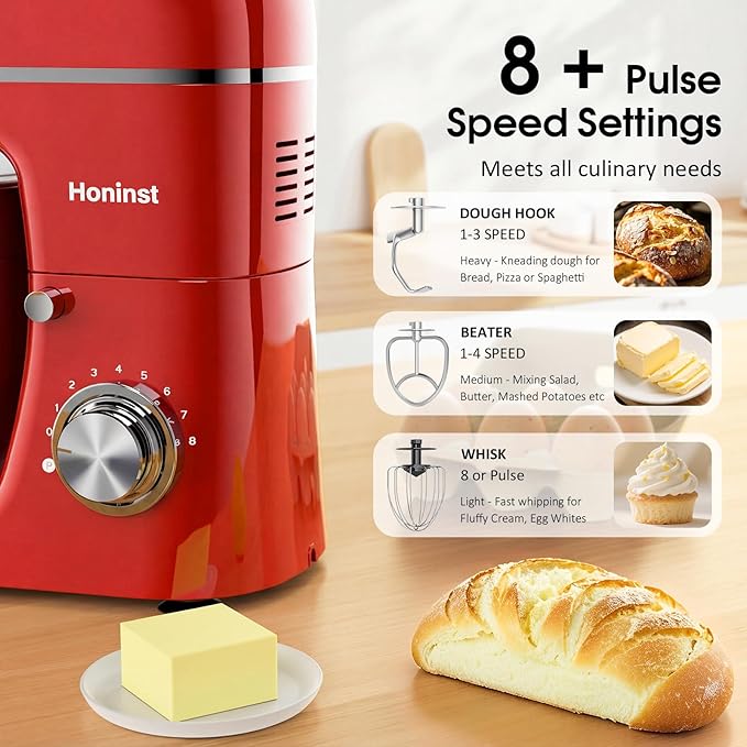 Stand Mixer, 7-IN-1 6.5QT 660W Multifunctional Electric Kitchen Mixers with Blender, Meat Grinder, Dough Hook, Whisk and Beater, 8-Speed Food Mixer for Baking, Cooking, Food Processing, Red