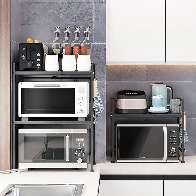 Microwave Storage Rack Microwave Oven Rack Kitchen Microwave Oven Rack Toaster Stand Kitchen Counter Shelf Expandable and Height Adjustable Steel Countertop Storage Shelf - Black/75Cm