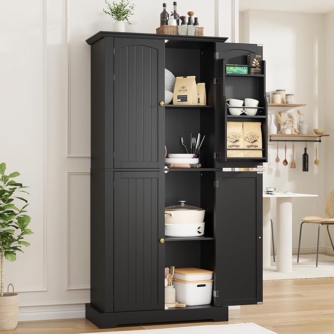 MHOM 71" Tall Pantry Cabinet, Farmhouse Kitchen Storage Cabinet with 6 Hanging Shelves and Adjustable Shelves, Freestanding Cupboard for Kitchen & Dining Room, Black