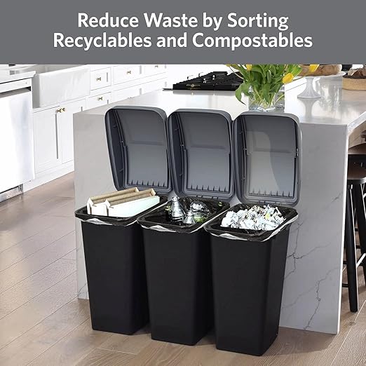 Recycling Bin System, 3-Pack 12 Gallon Containers with Swing Top Lids, Black and White, Odor Protection, Trash Sorting Station with Labels
