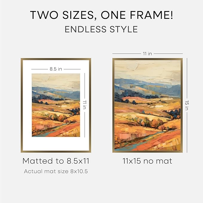 Homeforia 11x15 Bronze Picture Frame, High End Metal 11x15 Brass Frames with Mat 8.5x11, 11 x 15 Poster Frames Matted to 8.5 x 11 inch Photo, 11 by 15 Bronze Frames, Tempered Glass, Wall Kit, Set of 2