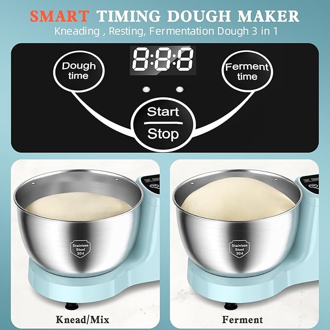 CHeflee Electric Dough Maker 250W,5.5 QT Smart Kneading and Fermenting Mixer Machine,Adjustable Time, 304 Stainless Steel Bowl,Blue
