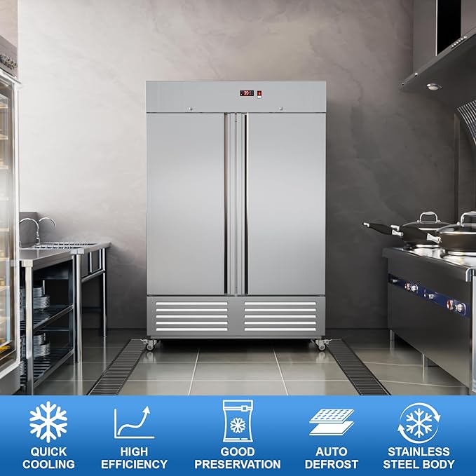Commercial Refrigerator 54"W 2 Door Stainless Steel Reach-in Solid Door Upright Fridge Fan Cooling 49 Cu.ft Refrigerators 32-47°F for Restaurant, Bar, Shop